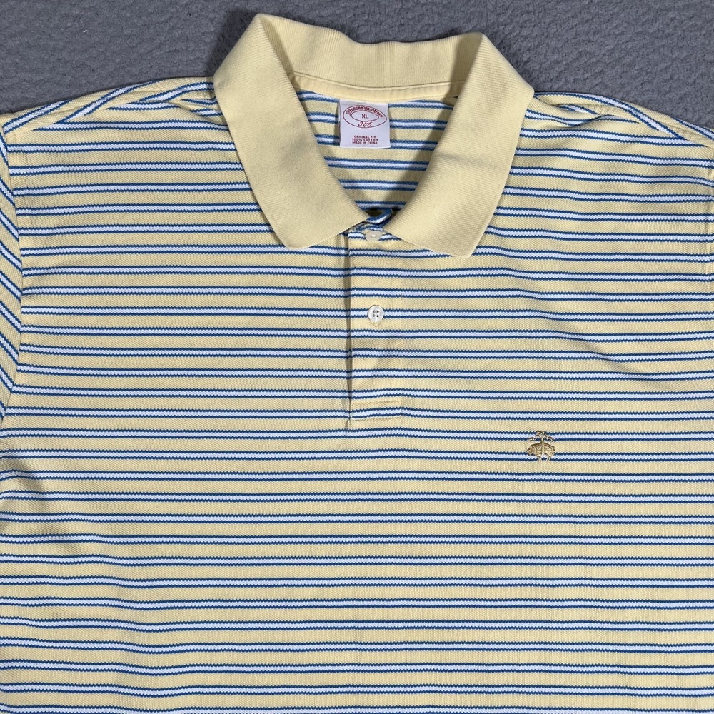Brooks Brothers Shirt Mens XL Yellow Striped Pique Knit Casual Preppy Logo